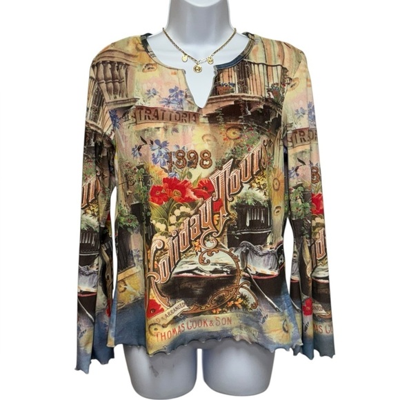 ONE WORLD Tops - One World Y2K Graphic Floral Velour Bell Sleeve Top Medium